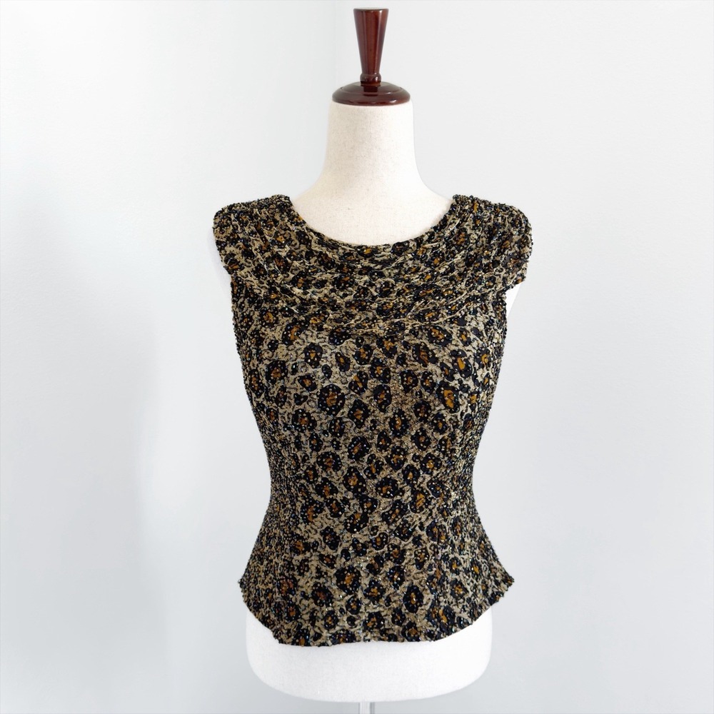 VTG Silk Beaded Top Womens Medium 90s Mob Wife Leopard Fairy Grunge Whimsigoth